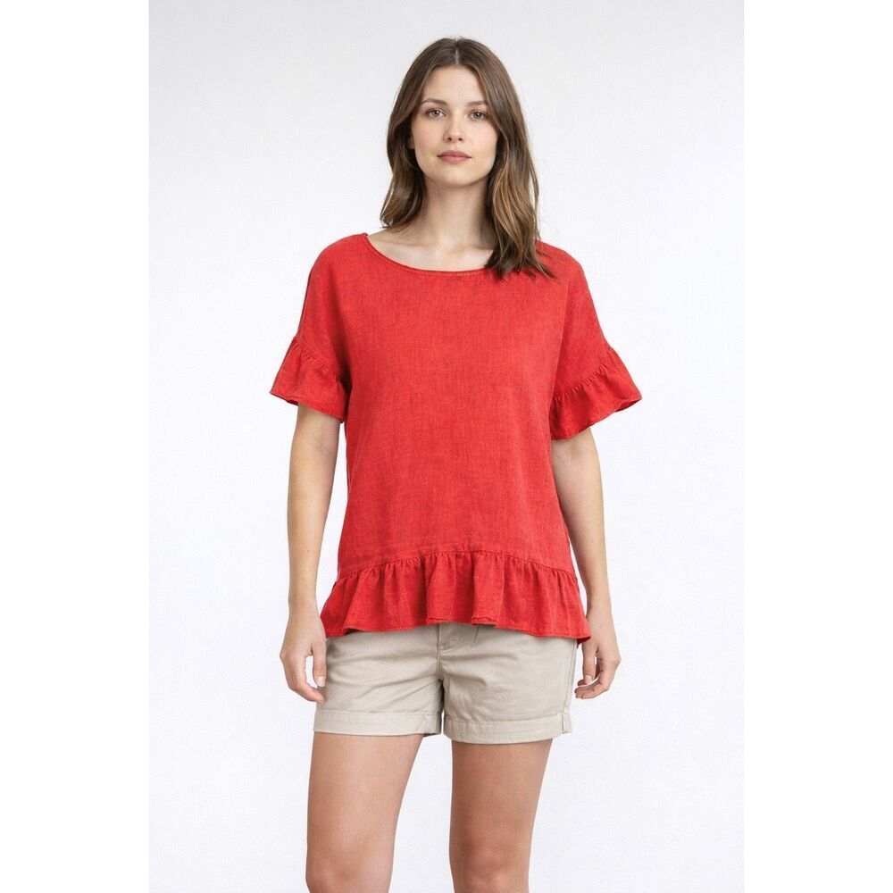 Terzo Millennio Red Linen Ruffle Hem Blouse Italy Size L